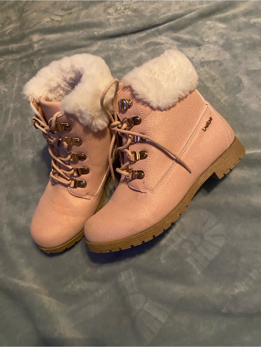 Bebe Women’s Pink Faux-Fur Lace-Up Ankle Boots